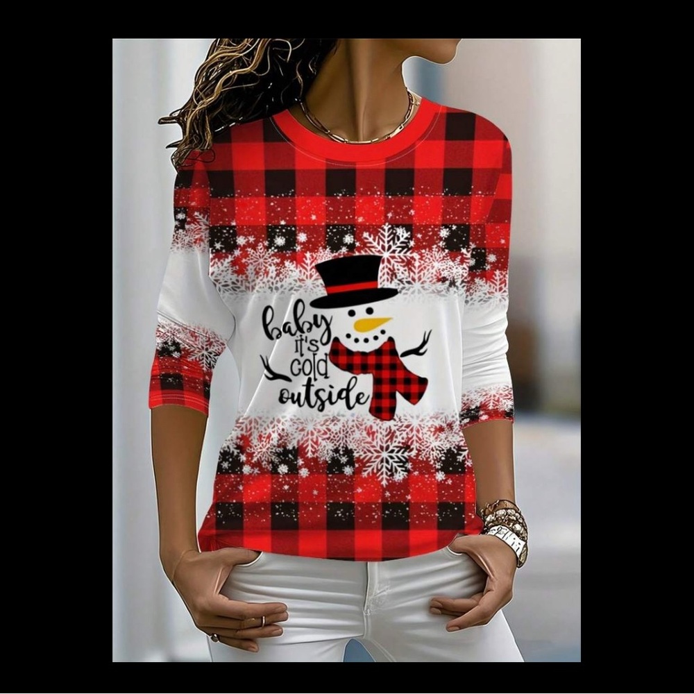 Women's Red and Black Plaid Snowman Top